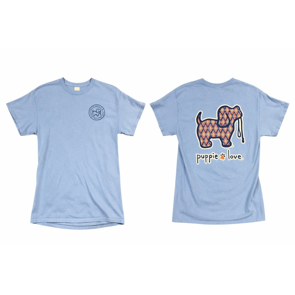 Puppie Love Graphic T-Shirt Women Size M Light Blue Ikat Dog Rescue Tee Gildan